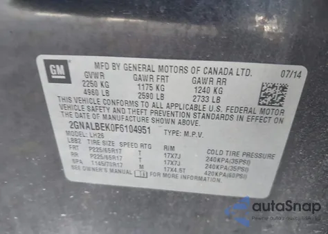 2015 Chevrolet Equinox 1Lt from USA, damaged, VIN 2GNALBEK0F6104951